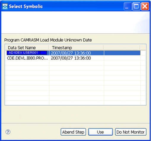 The Select Symbolic dialog opens when CA InterTest cannot find a match.