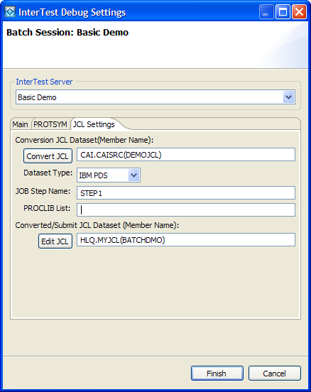 A dialog in which you specify your batch settings.