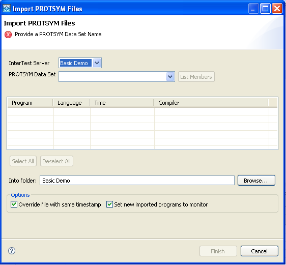 A dialog in which you enter a PROTSYM data set.