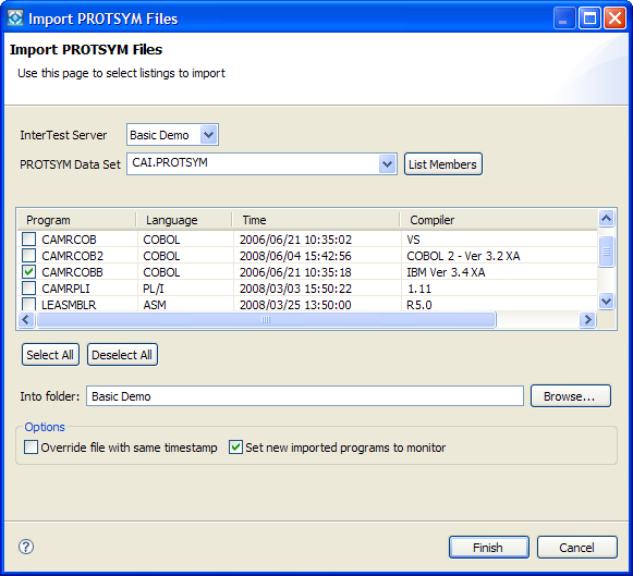 The dialog displays a list of all the PROTSYM files in the data set.