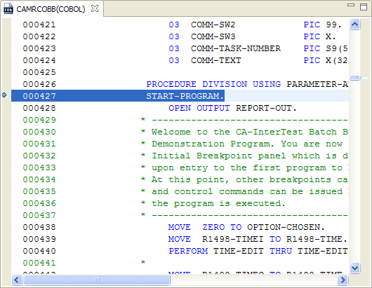 The Program Listing view displays where the program abends.