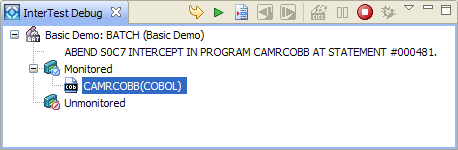 The InterTest Debug view displays the abend.