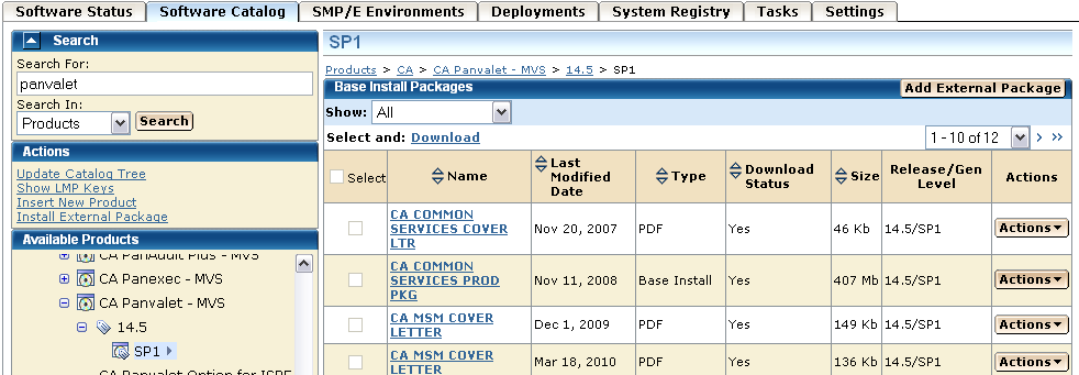 The screen capture shows the Base Install Packages section for a product gen level.