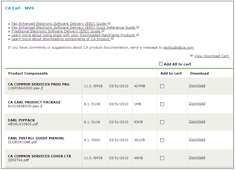 This figure shows a sample Product Component sample from CA Support online.
