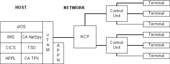 The block diagram shows the interfaces in relation to CA NetSpy and the terminals.