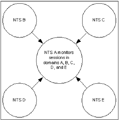 This illustration shows an optimum NTS-SI configuration for a five-domain network.