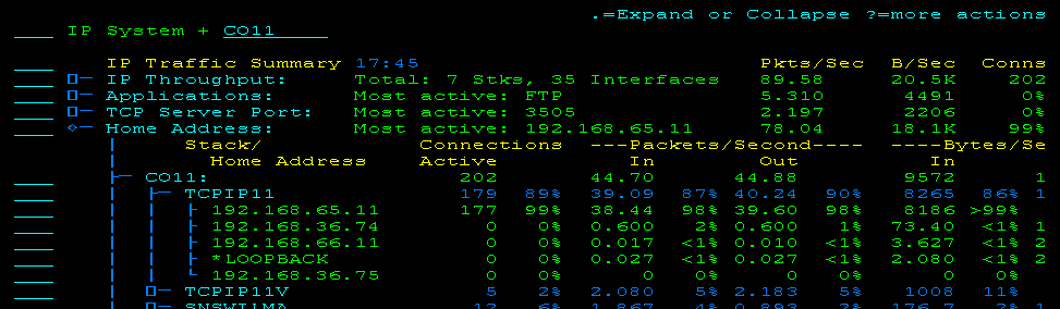 The screen capture shows throughput information by home addresses and stacks.