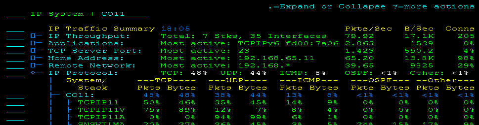 The screen capture shows throughput information by IP protocols.