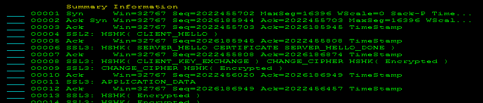 The screen capture shows decoded SSL handshake.