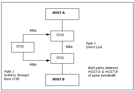 The example shows two paths, with similar bandwidths, between Host A and Host B.