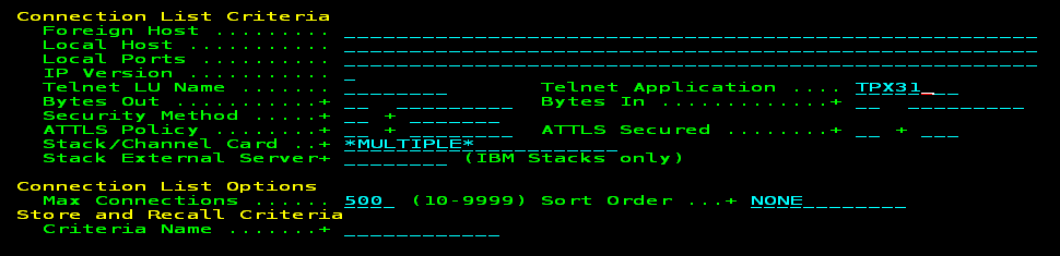 The screen capture show the criteria for listing Telnet connections.