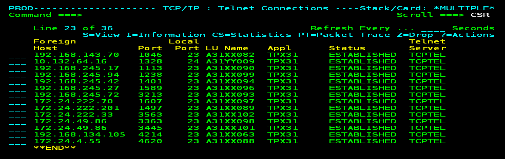 The screen capture shows the list of Telnet connections with TPX31.
