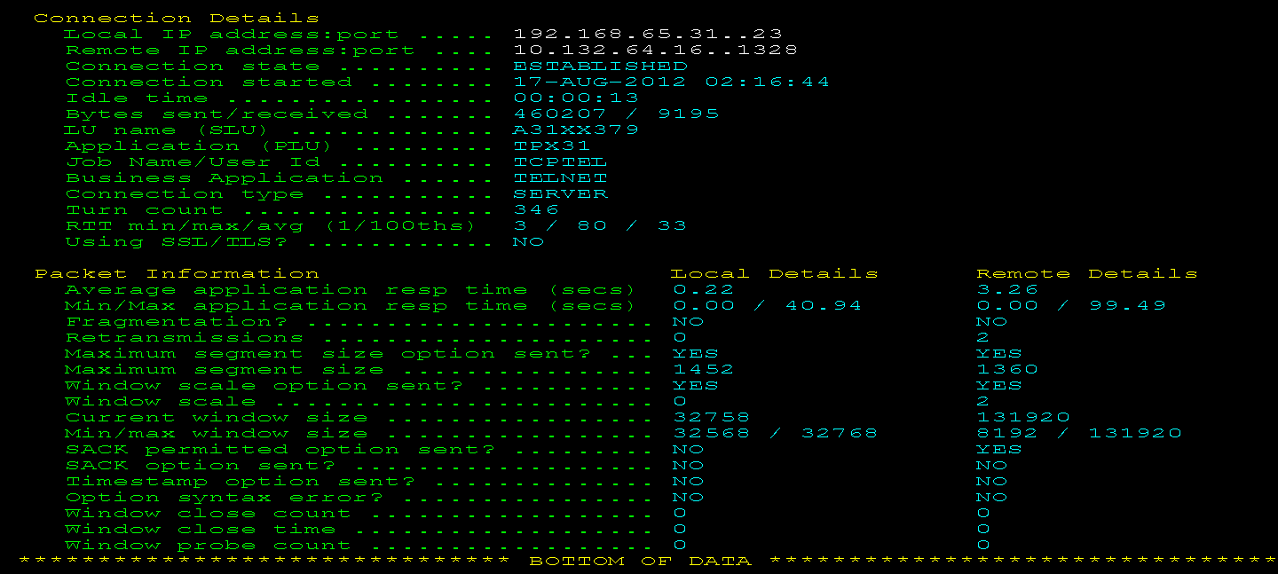 The screen capture shows the Connection Information panel for a Telnet connection.