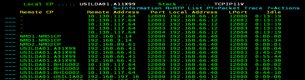 The screen capture lists the EE UDP connections by remote CP name.