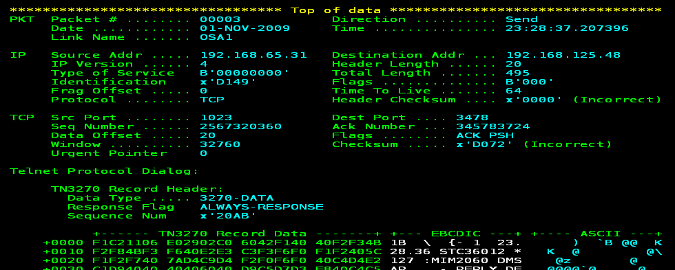 The screen capture shows the details and contents of a decoded packet.