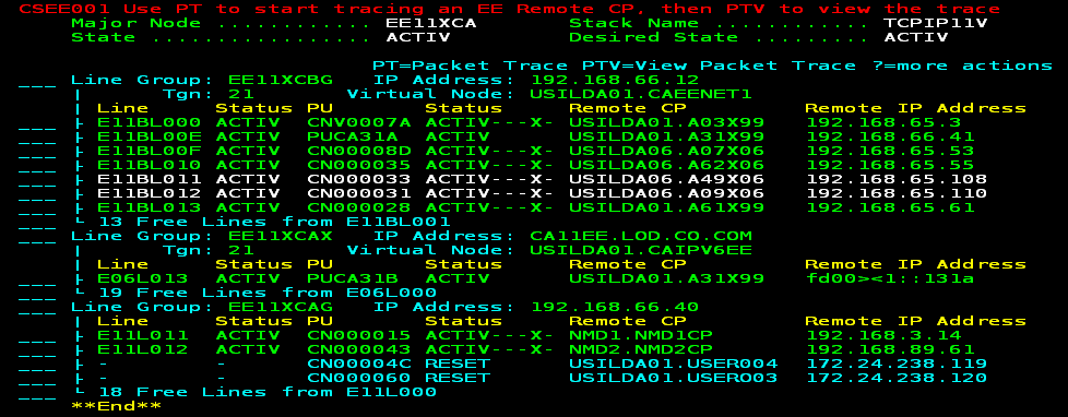 The screen capture lists the line groups and lines within an EE.