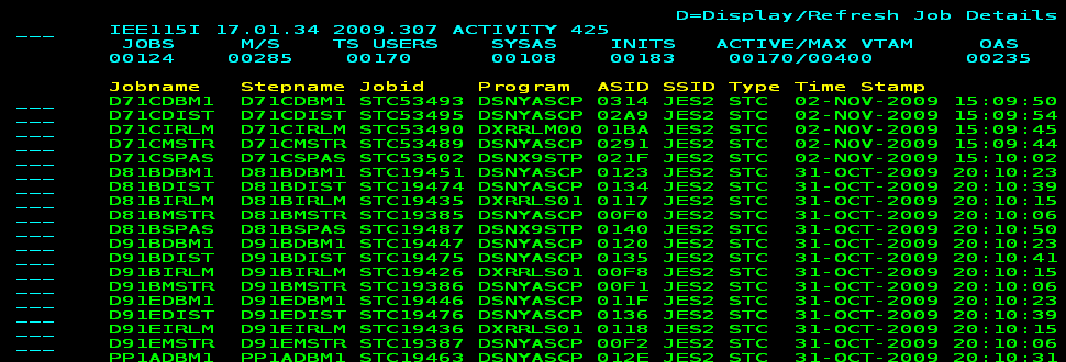 The screen capture shows information such as job ID, program name, and address space ID.
