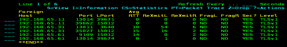 The screen capture lists six connections secured by TLS Version 1.