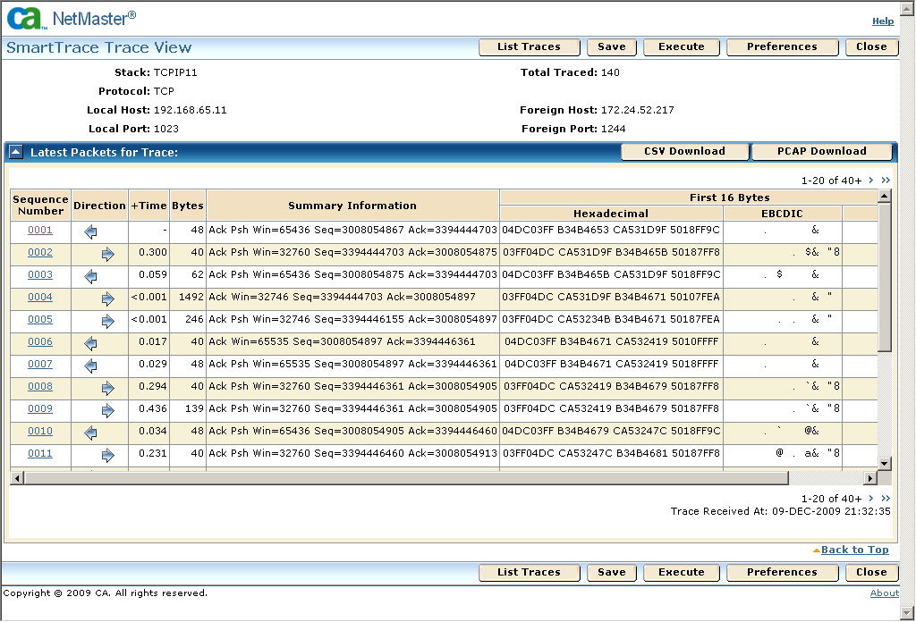The screen capture shows a partial list of packets traced for a connection.