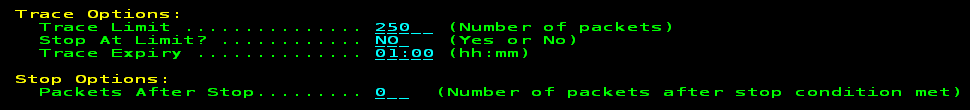 The screen capture shows the general options of the trace such as the number of packets to keep and whether to trace additional packets after the stop criteria is met.