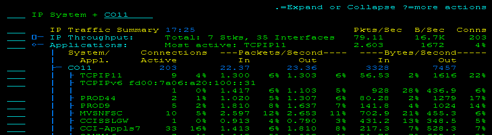 The screen capture shows throughput information by applications.