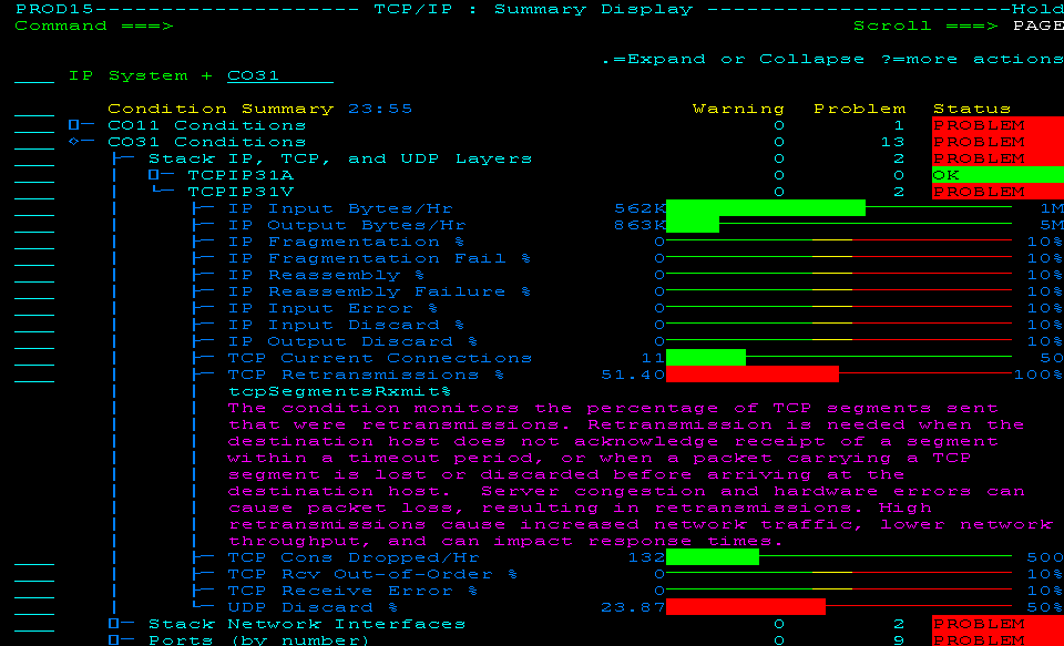 This Summary Display shows the condition of monitored attributes by system, condition type, and stack.
