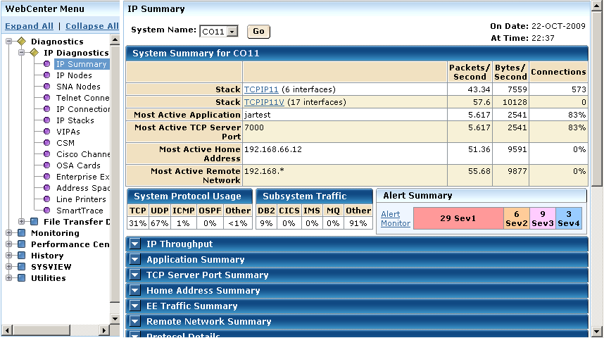 The screen capture shows the home page with a menu tree at the left and the IP summary at the right.