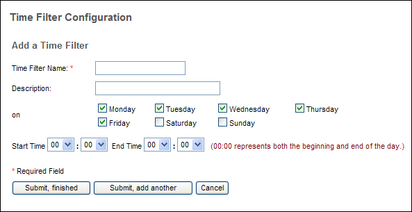 In Add mode, the Time Filter Configuration Page displays options for adding a time filter.