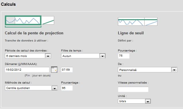 La vue Planification de la capacité comporte des options pour le calcul des paramètres de tendance.