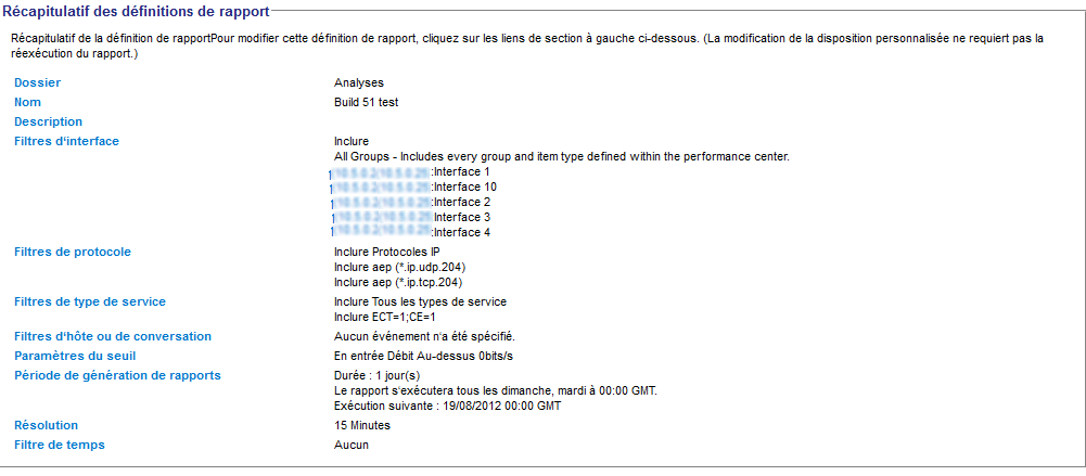Vérifiez les paramètres de rapport d'analyse dans la page Récapitulatif des définitions de rapport.