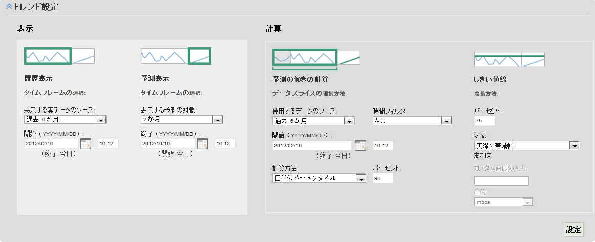 ［キャパシティ計画］ビューには［トレンド設定］コントロールが含まれます。