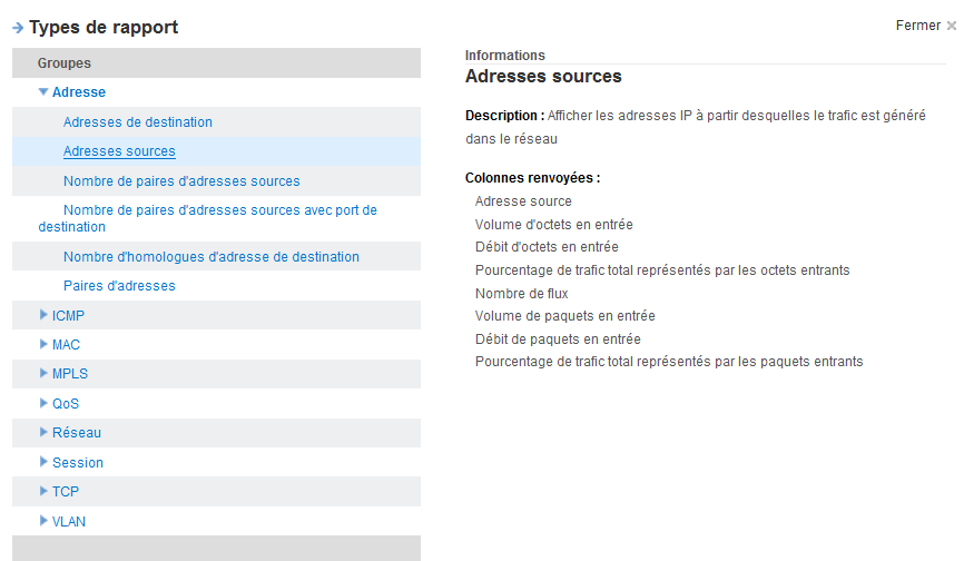 Sélectionnez un type de rapport dans la boîte de dialogue Types de rapport.