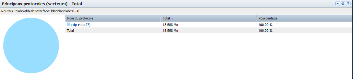 La vue Principaux protocoles (secteur) affiche la quantité et le pourcentage de trafic pour chaque protocole.