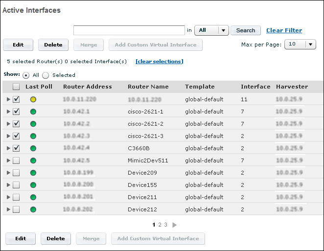 The Active Interfaces page contains a table of routers with interface details.