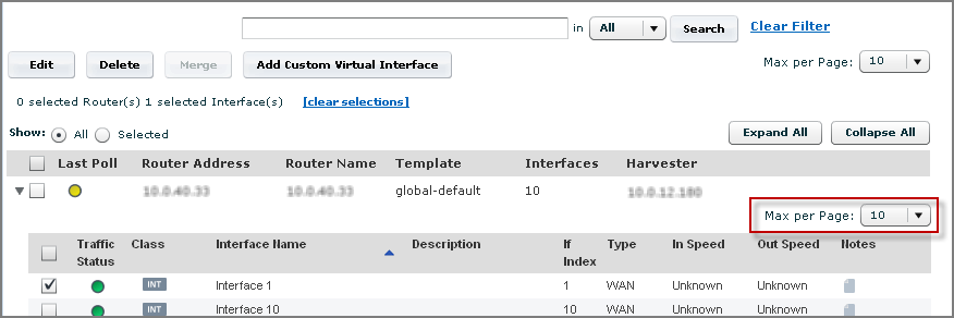 The Max per Page value specifies the number of details on the Active Interfaces page.
