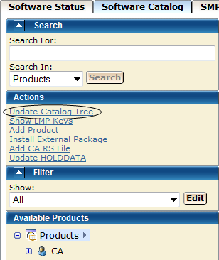 The screen capture shows the location of the Update Catalog Tree link.