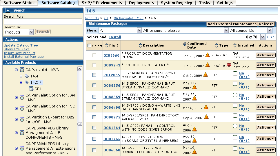 The screen capture shows the Maintenance Packages section for a product release.