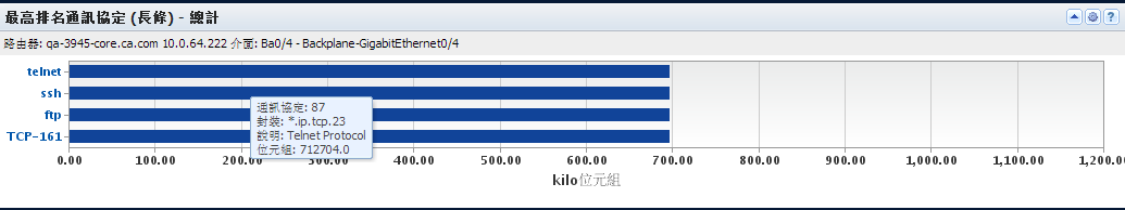 [最高排名通訊協定 (長條)] 檢視會顯示最常使用的通訊協定。