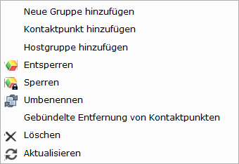 Zum Menü "Umgebung" gehören "Neue Gruppe hinzufügen", "Kontaktpunkt hinzufügen", "Hostgruppe hinzufügen", "Umbenennen" und "Gebündelte Entfernung von Kontaktpunkten".