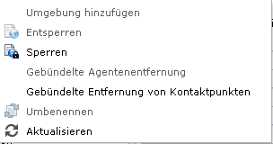 Zu den Menüoptionen der "Domäne" gehören "Umgebung hinzufügen", "Gebündelte Agentenentfernung", "Gebündelte Entfernung von Kontaktpunkten" und "Umbenennen".