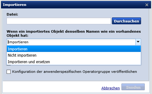 Die Optionen sind "Importieren", "Nicht importieren" und "Importieren und ersetzen".