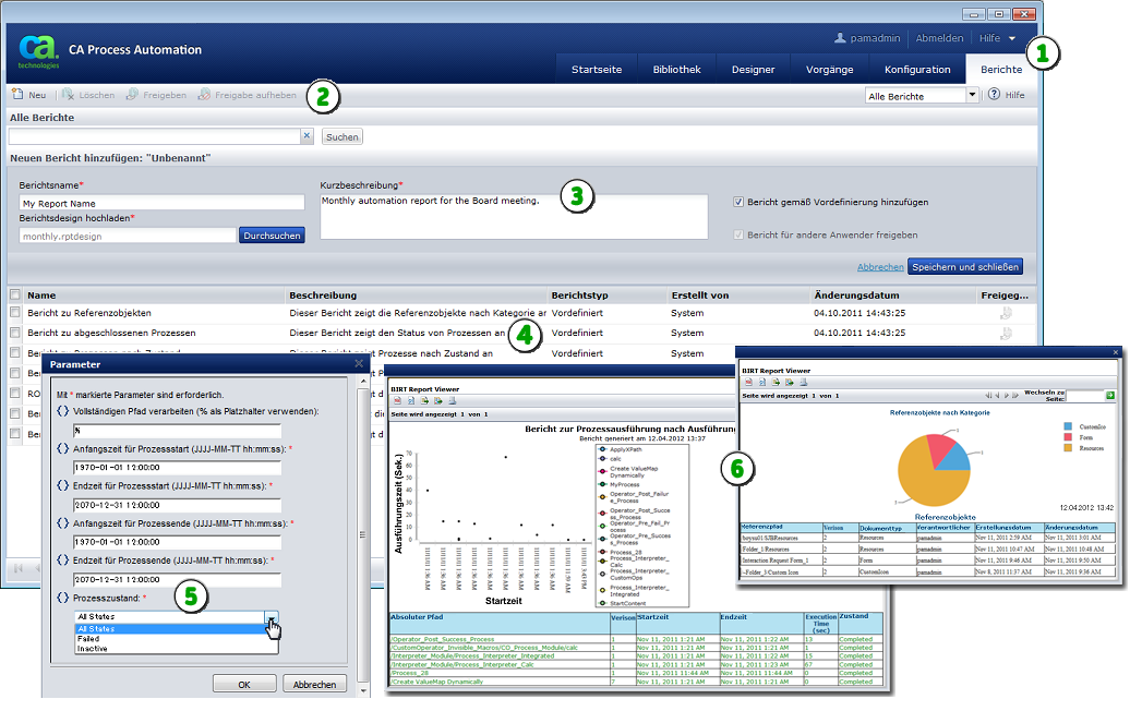 Diese Grafik hebt die Hauptfunktionen hervor, die Sie auf der Seite "Berichte" ausführen.
