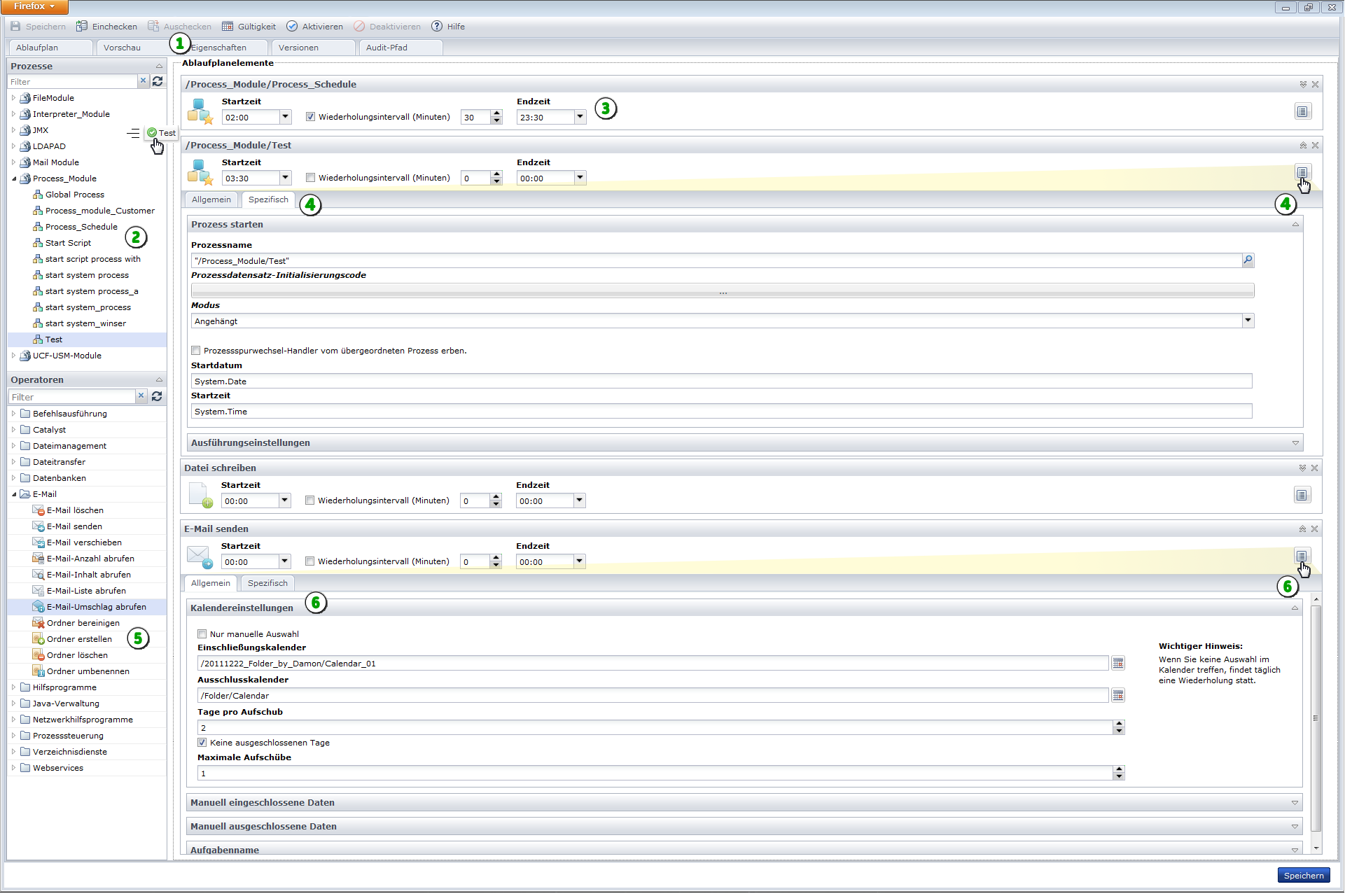 Diese Grafik hebt die Funktionen der Seite "Ablaufpläne" hervor.