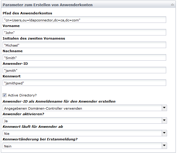 Eingabeparameter für den Operator "Anwender erstellen"