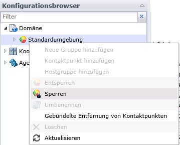 Das Kontextmenü für "Standardumgebung" umfasst Befehle zum Hinzufügen neuer Kontaktpunkte, Kontaktpunktgruppen und Hostgruppen. Ein Befehl zum Entfernen von Kontaktpunkten über einen Massenprozess ist ebenfalls vorhanden.