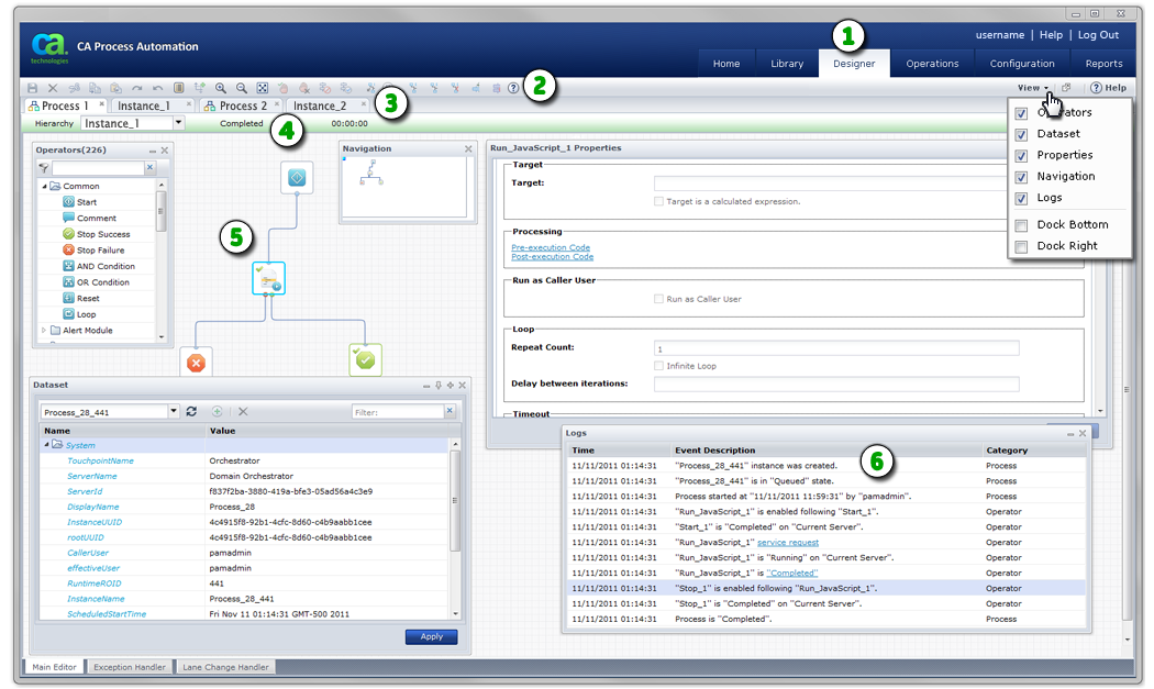 This graphic summarizes how to run the process instances on the Designer page.