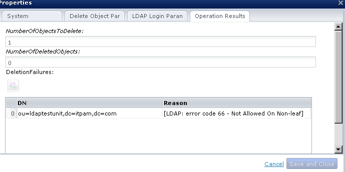 Failure Data in the Operation Results tab (Delete Object Operator)