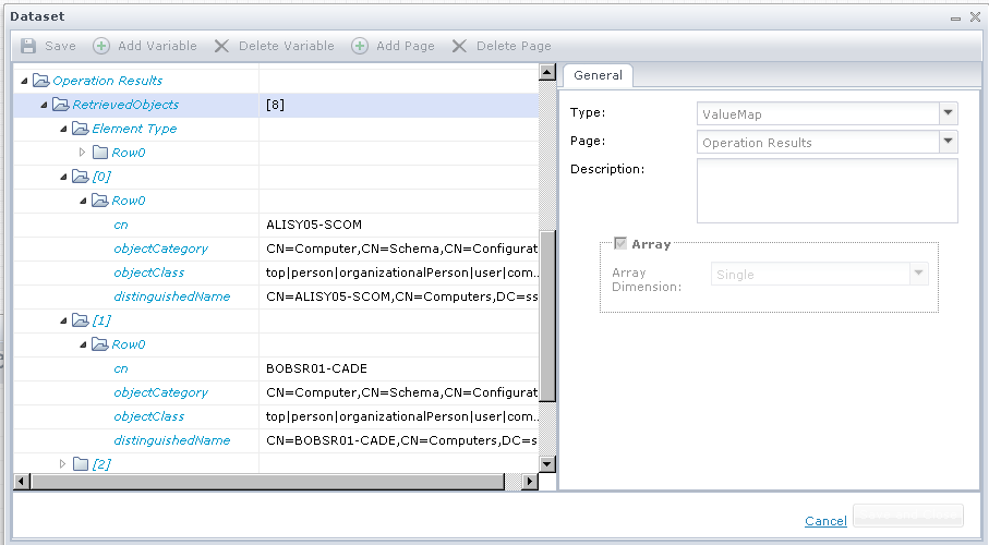 Eight objects in the RetrievedObjects variable (Get Object operator)