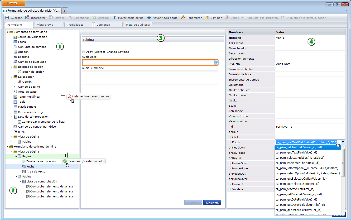 Este gráfico muestra cómo se utilizan las fichas y los paneles en el Diseñador de formularios para diseñar un formulario.