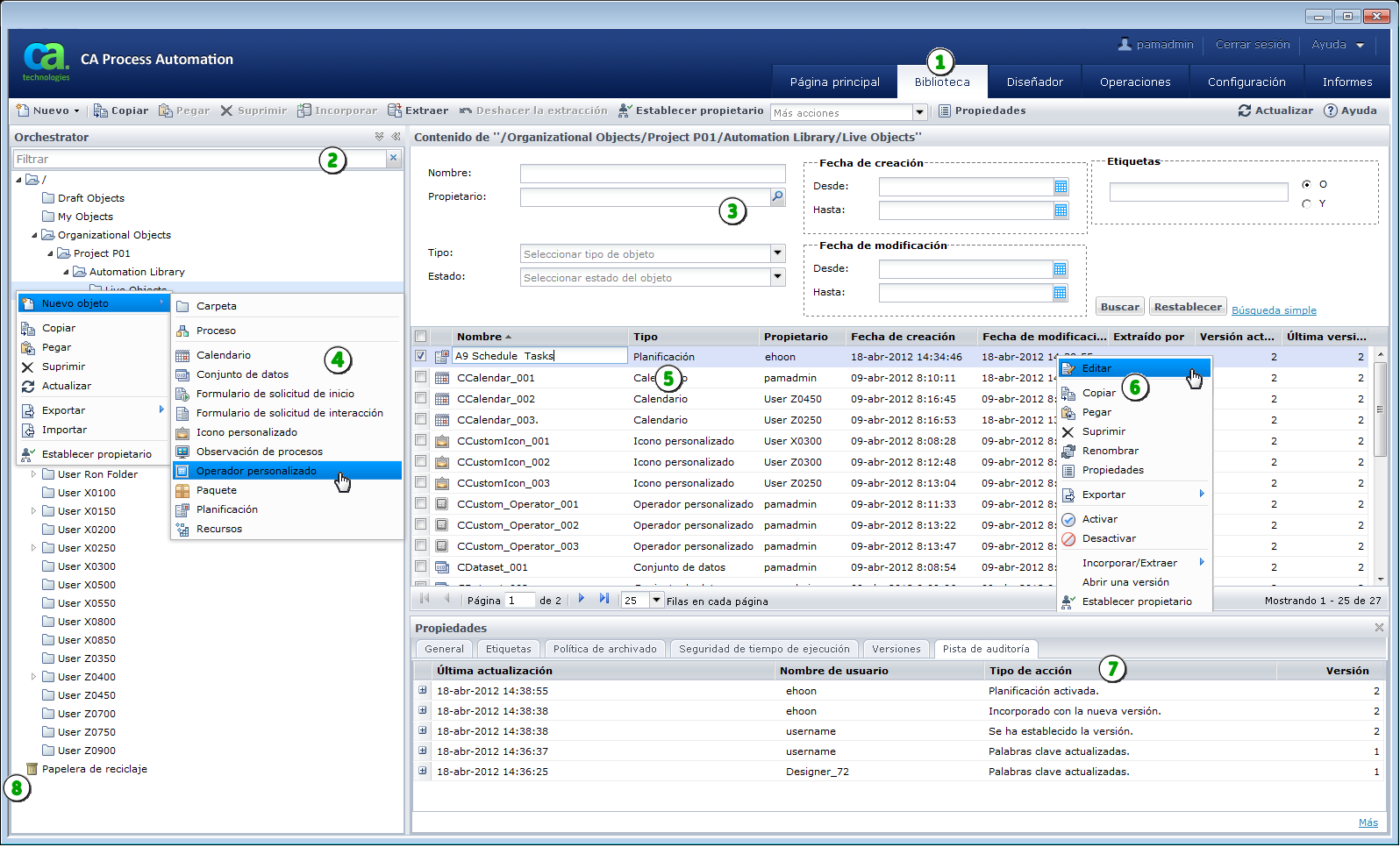 Este gráfico muestra la página Explorador de bibliotecas con distintas áreas resaltadas.